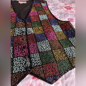 VTG Spenser Jeremy Black 100% Silk Vest Colorful Beaded Detail Size Medium